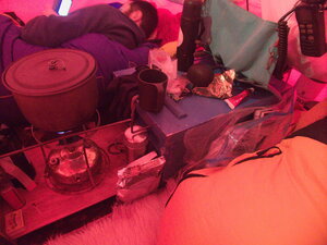 Cooking station splits the residents down the middle of the tent, which is probably good for my compadre!