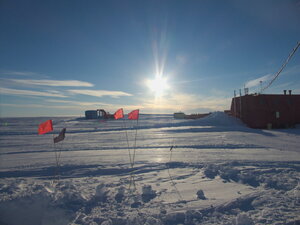 A tranquil, yet rather UV-laden, day at Halley. To the right is the Drewry, where we live during the summer, with the modules in the distance that are currently not used for living while the station is summer only.