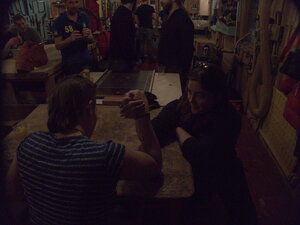 Serious bar room business for the Bonner lab crew.