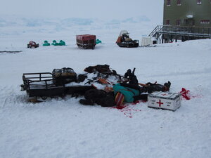 One scene in our Antarctic film. PLEASE NOTE: this is not a real person or skidoo, it's all made up for entertainment in the film festival run across the Antarctic bases during winter. We did well this year! ;-)