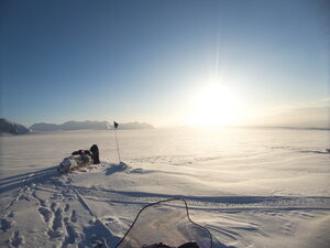 Out for a climb on the winter trip, rewarded with perfect weather and views from the skidoo at the stopping point (hence the sledge.)